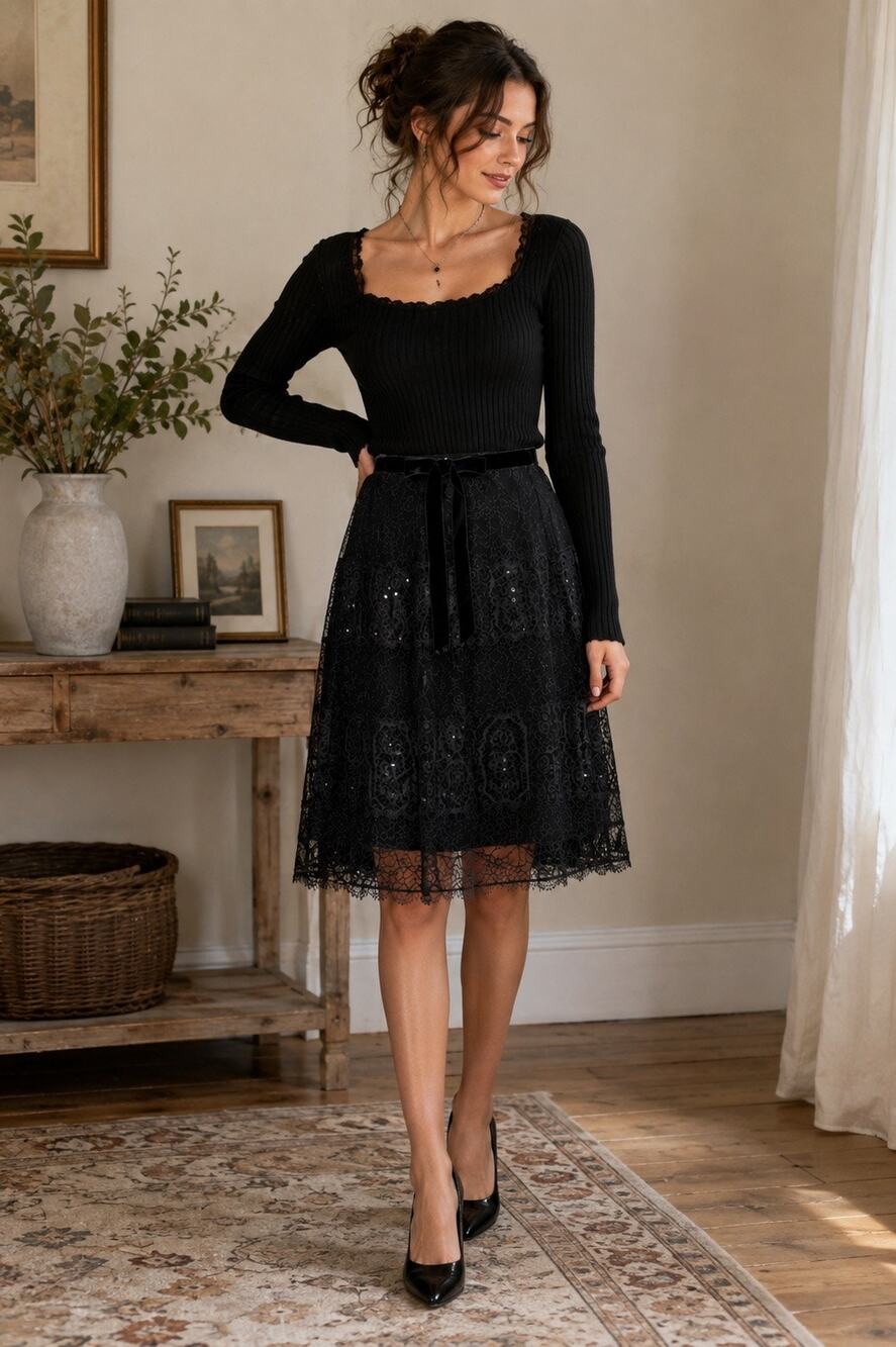 Ann Taylor Black Whimsigoth Lace Sequin Midi Skirt Velvet Bow Dark Romantic 14